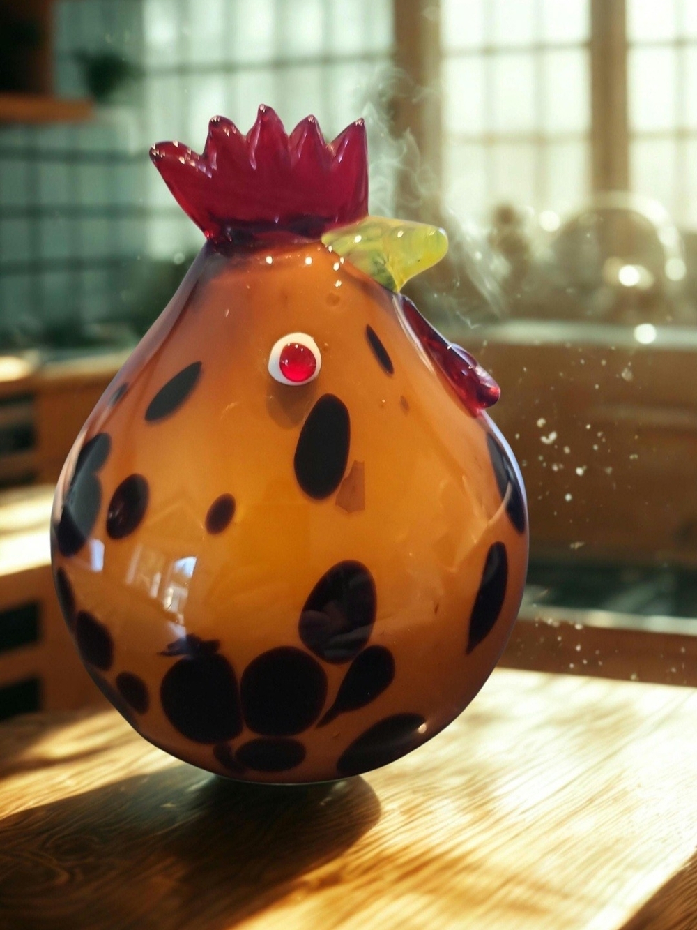 Hand-Blown Amber Glass Chicken Figurine: Murano-Style Farmhouse Decor
